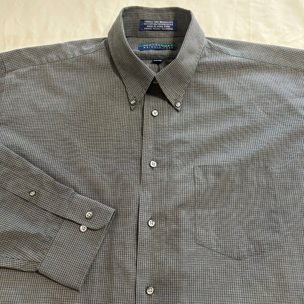 Claybrooke Mens Grey Black Micro Check Wrinkle Free Dress Shirt 17.5 34/35